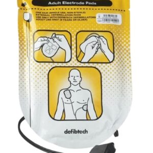 Electrodes adultes pour défibrillateur Lifeline View Les électrodes de défibrillation des DAE Defibtech sont fournies dans un étui scellé avec le connecteur et un segment du câble exposés. Les électrodes sont ainsi rangées préconnectées pour assurer un déploiement rapide en cas d’urgence. Durée de vie : 2 ans.