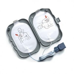 Cartouche à usage unique contenant un jeu d'électrodes adhésives multifonctions pré-gélifiées. Electrodes pré-connectées grâce au connecteur HeartStart enfichable sur l'appareil.