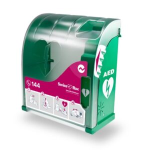 Armoire extérieure, chauffée et ventilée pour défibrillateur avec ouverture libre, alimentation électrique 24V nécessitant un transformateur 230AC-24VDC. Alarme visuelle locale (LED rouges clignotantes) informant des anomalies et alarme sonore de 80 dB déclenchée à l'ouverture. Éclairage jour/nuit par détection (capteur de luminosité). Pyrescom Aivia 200